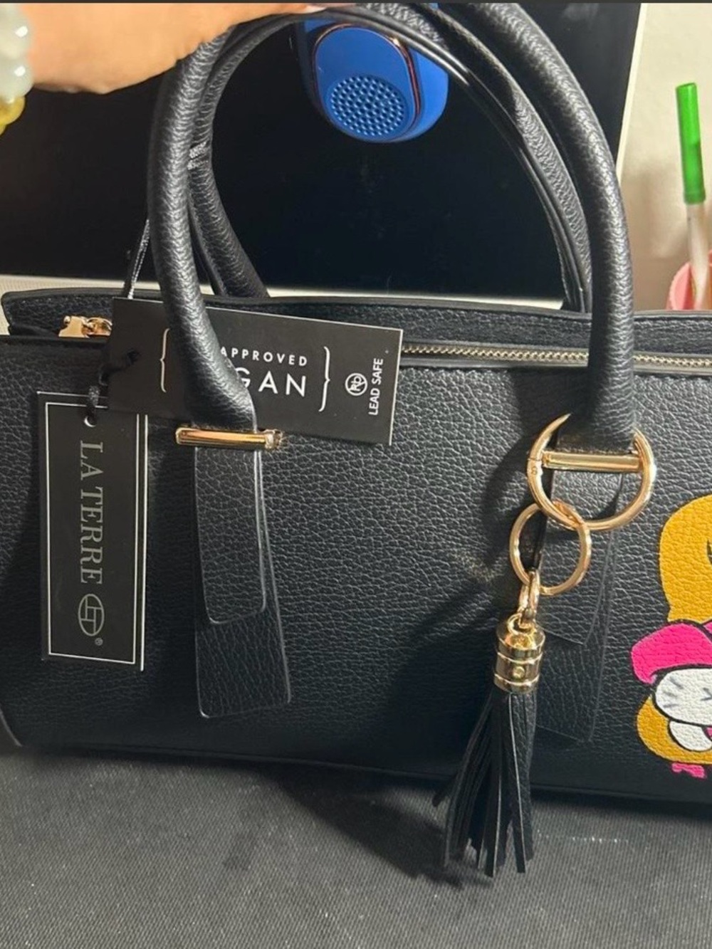 LA TERRE Black Satchel with Gold Hardware and Tassel